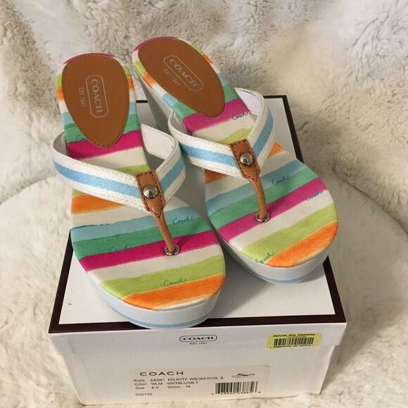 NEW Coach Felicite Multi-Color Striped Wedge Platform Thong Strap Sandals Size 8 - Picture 3 of 13